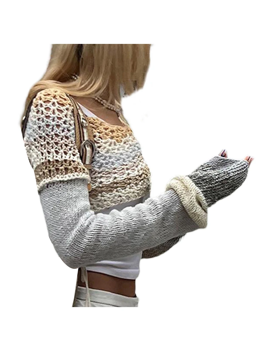 Women Fashion Wild Knitted Sweater Contrast Color Hollow-Out T-Shirt Round Neck Long Sleeve Crop Tops Streetwear