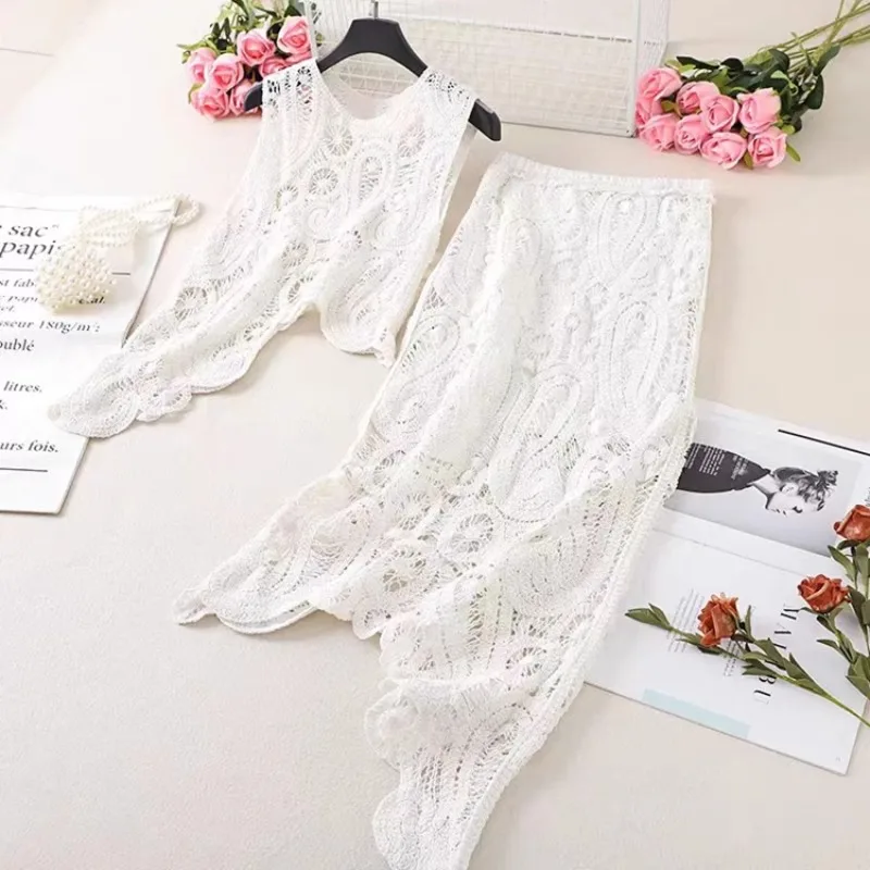 Chic Retro Hollow Mesh Hook Flower Tank+Elastic Waist Midi SKirt 2-piece Set Summer Women's Sets New Skinny High Waist Skirt Set