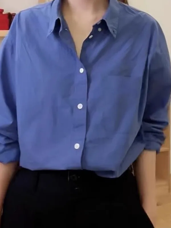 

Синяя хлопковая рубашка женская повседневная свободного кроя с длинным рукавом из чистого хлопка, весна-лето, новый стиль, корейская версия, модель Eight Milk