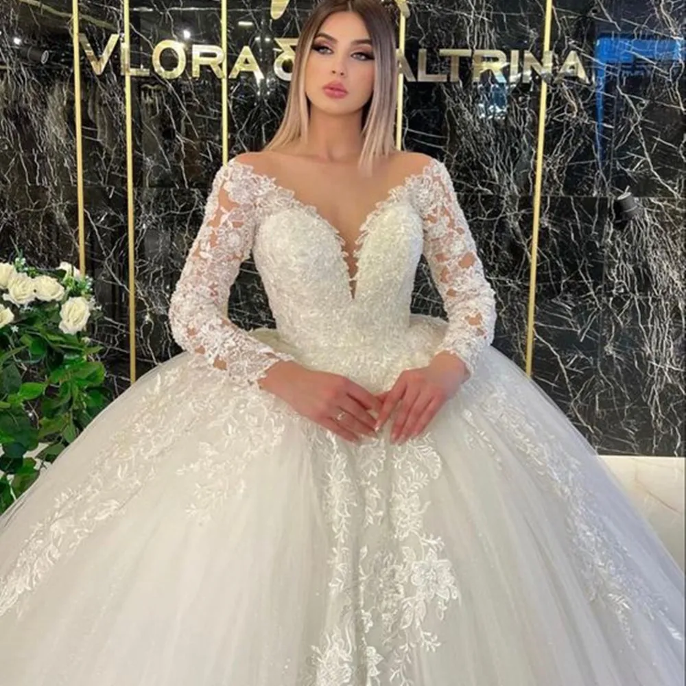 Personalizado Vestidos De Casamento De Renda V Neck Mangas Compridas Elegantes Vestidos De Novia Dubai Mulheres Formal Marriage Robe