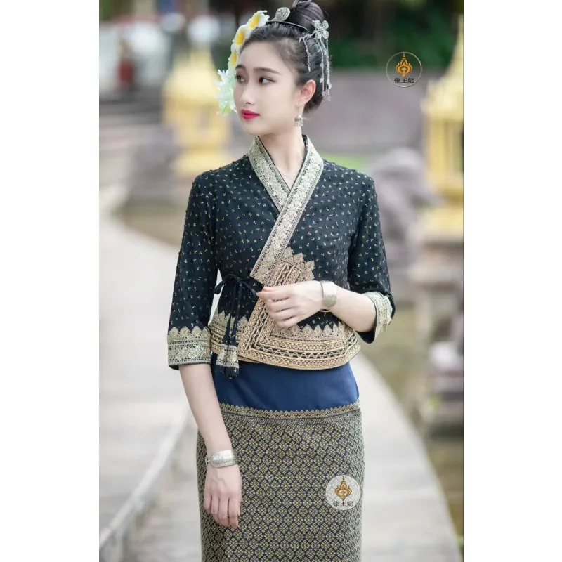 

Thai Costume for Women Ethnic Style Slim Fit Traditional Thailand Clothing Tops Blouse Skirt Asian Clothes Thai Dress