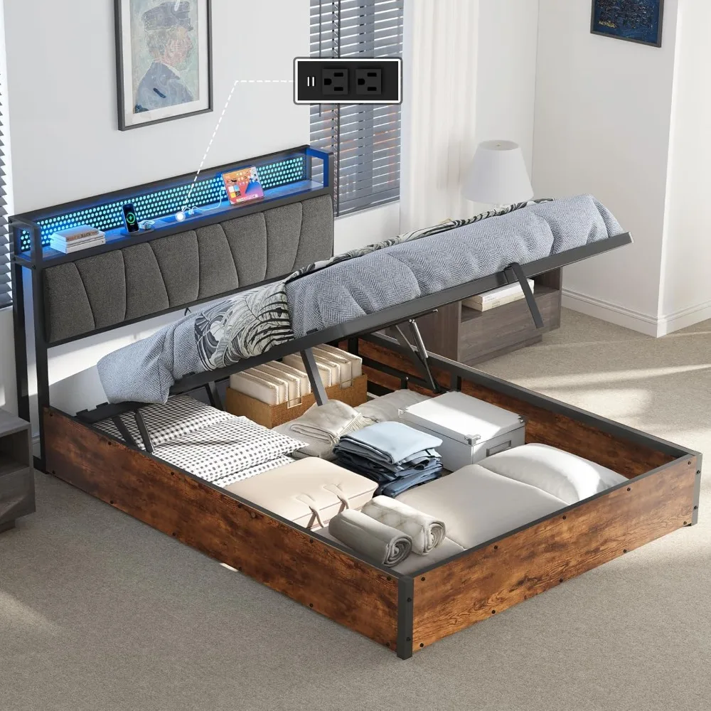 

AMERLIFE Full Size Lift Up Bed Frame with Linen Upholstered & LED Light & Storage Headboard, Platform Bed Frame with Charging St