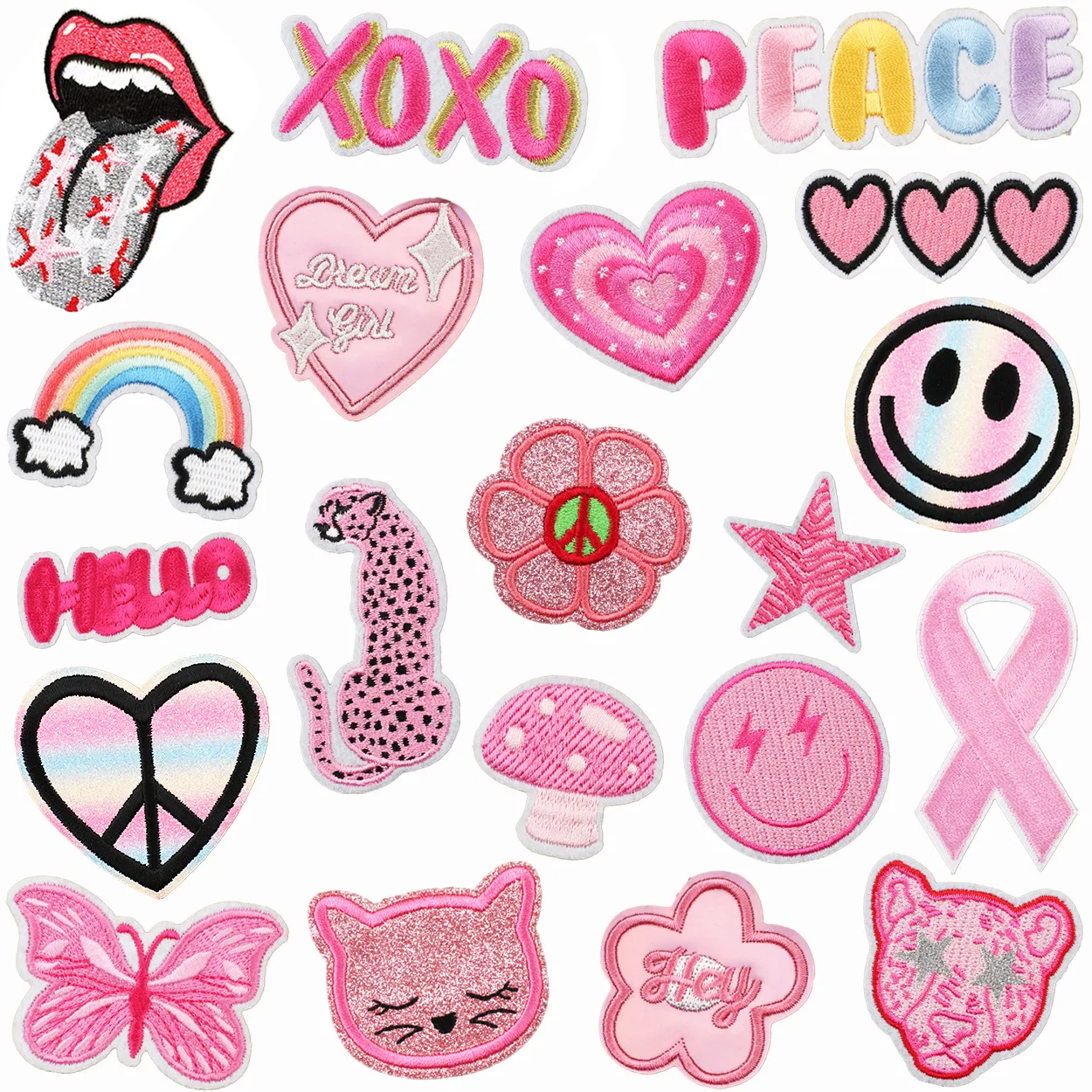 Pink Girly Embroidery Patches Cute Star Flower Flame Heart Boots Cloth Appliques Peace Emblem Smile Face Badge Iron on For Women