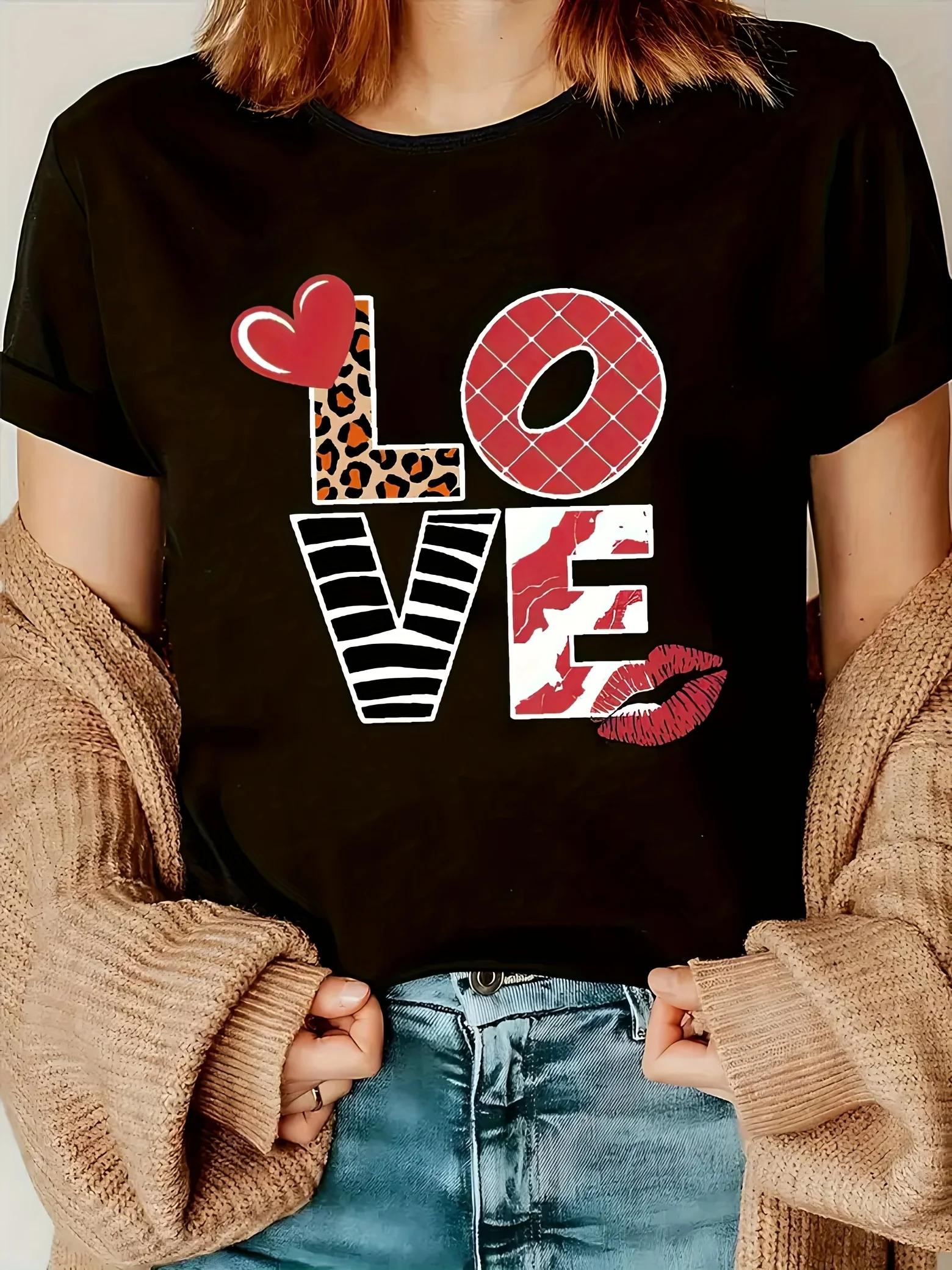 LIEBE Herz Form und Kuss Mark Gedruckt Sommer Frauen Casual T-shirt Kurzarm Rundhals T-shirt Weiche Frauen Täglichen Tragen Kleidung