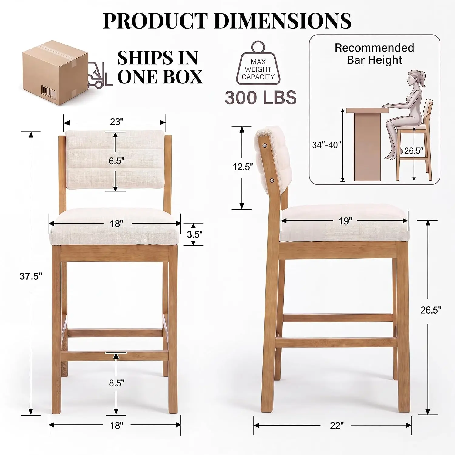 26.5'' Beige Linen Bar Stools Set of 2 for Kitchen Island Dining, Customized