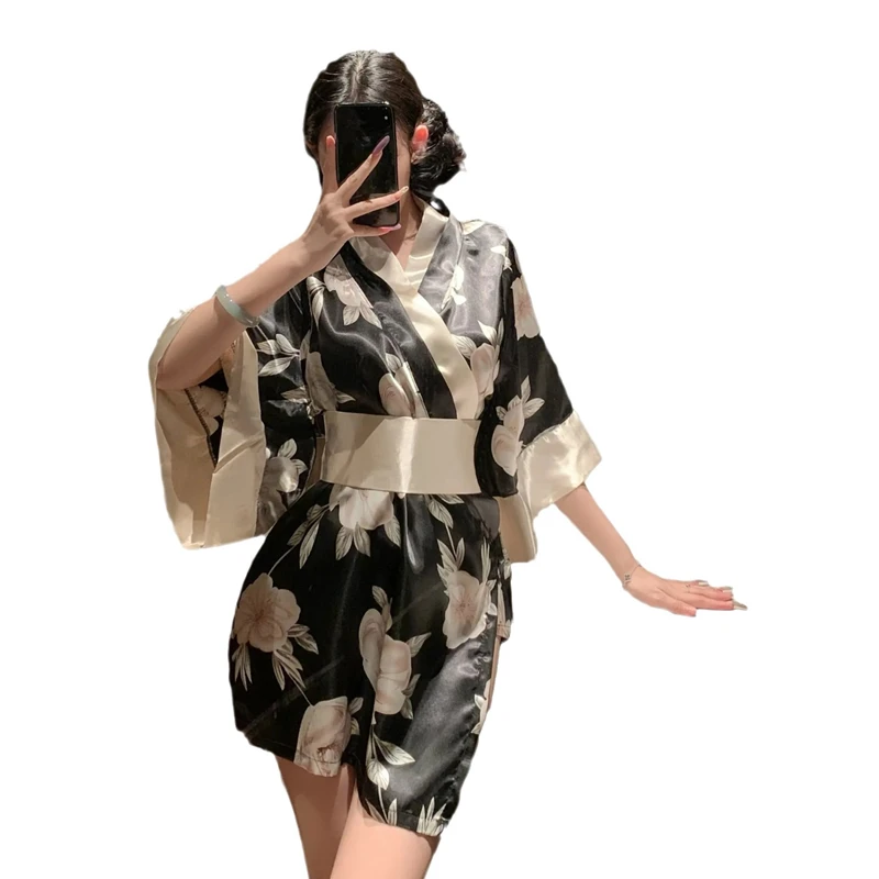 Japanese Passion Kimono Sexy Lingerie Cosplay Outfit for Women Traditional Style Robe Yukata Costumes Pajamas Soft Silk Belt Set