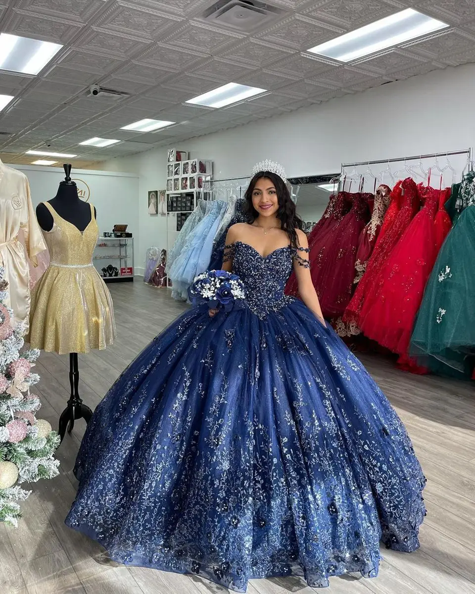 فساتين ANGELSBRIDEP باللون الأزرق الداكن فساتين كوينسيانيرا مزينة بالخرز فستان الحفلات من التل الحلو Vestido De 15 16 Anos مقاس كبير