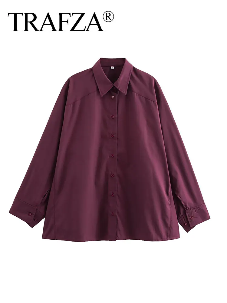 TRAFZA Loose Lapel Single Breasted Women's Long Sleeve Top Women's Fall Streetwear Fashion Burgundy Raglan Sleeve Shirt Y2K