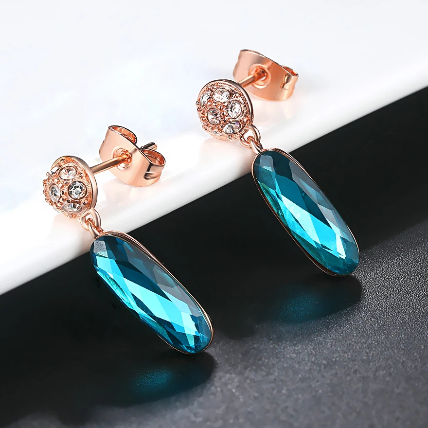 Retro Drop Earrings For Women Classic Design Long Oval Blue Crystal Rose Gold Color Birthday Gift Wholesale Fashion Jewelry E748 image 3