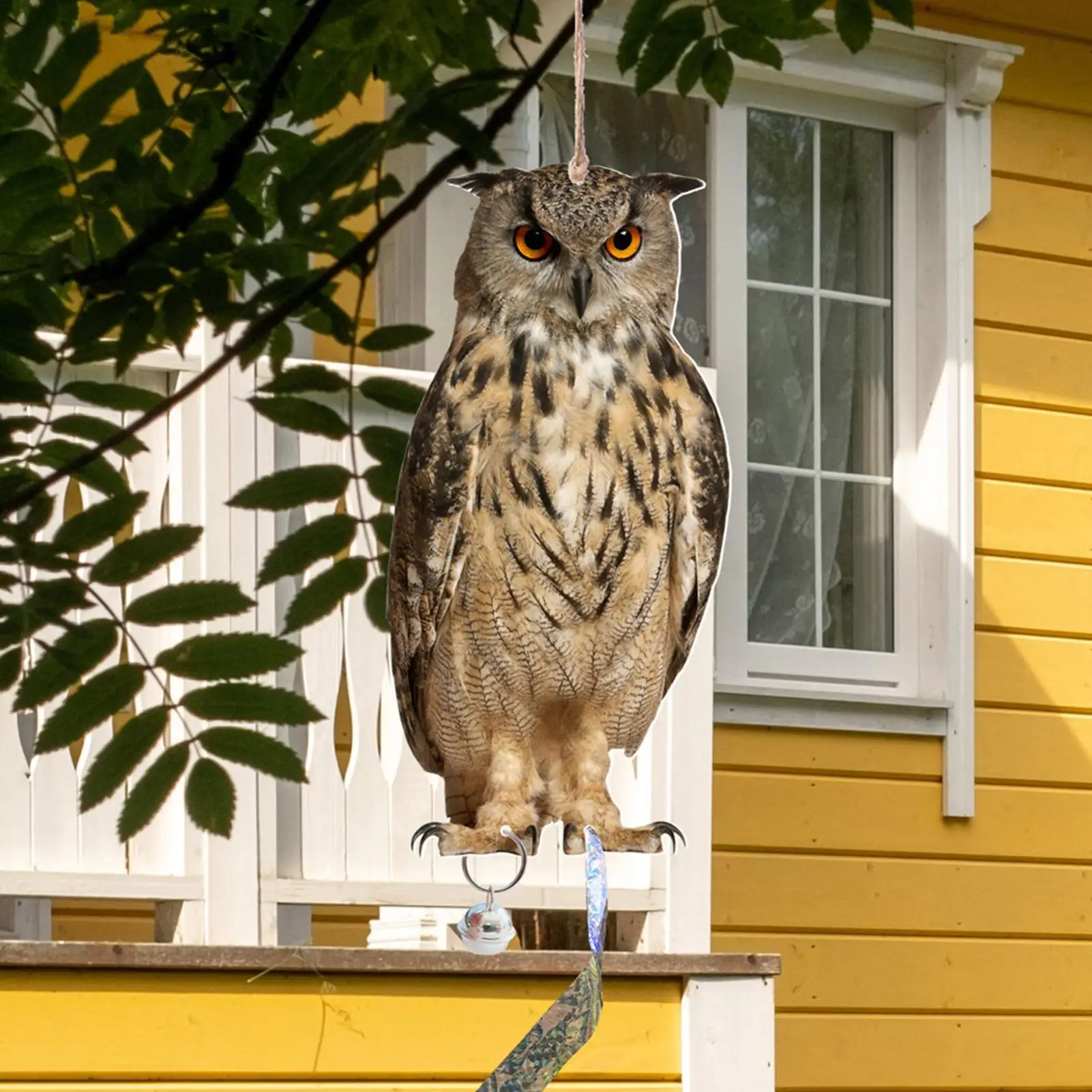 Expel Birds Pendant 2D Owl Scarecrow Pendant Garden Protector Decorative Scarer Pendant with Bell Fake Bird Scare Device view 5