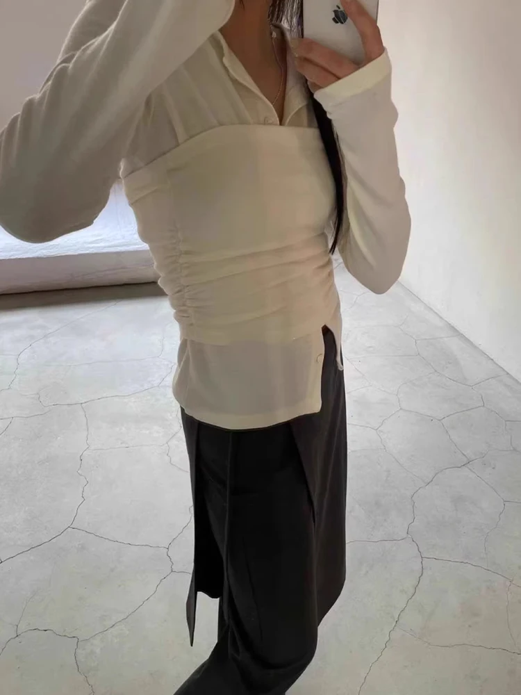 2025 Otoño Invierno mujeres falsas dos piezas moda coreana Top diseño de manga larga 2000s camisetas de Color sólido Coquette Gyaru Y2k nuevo