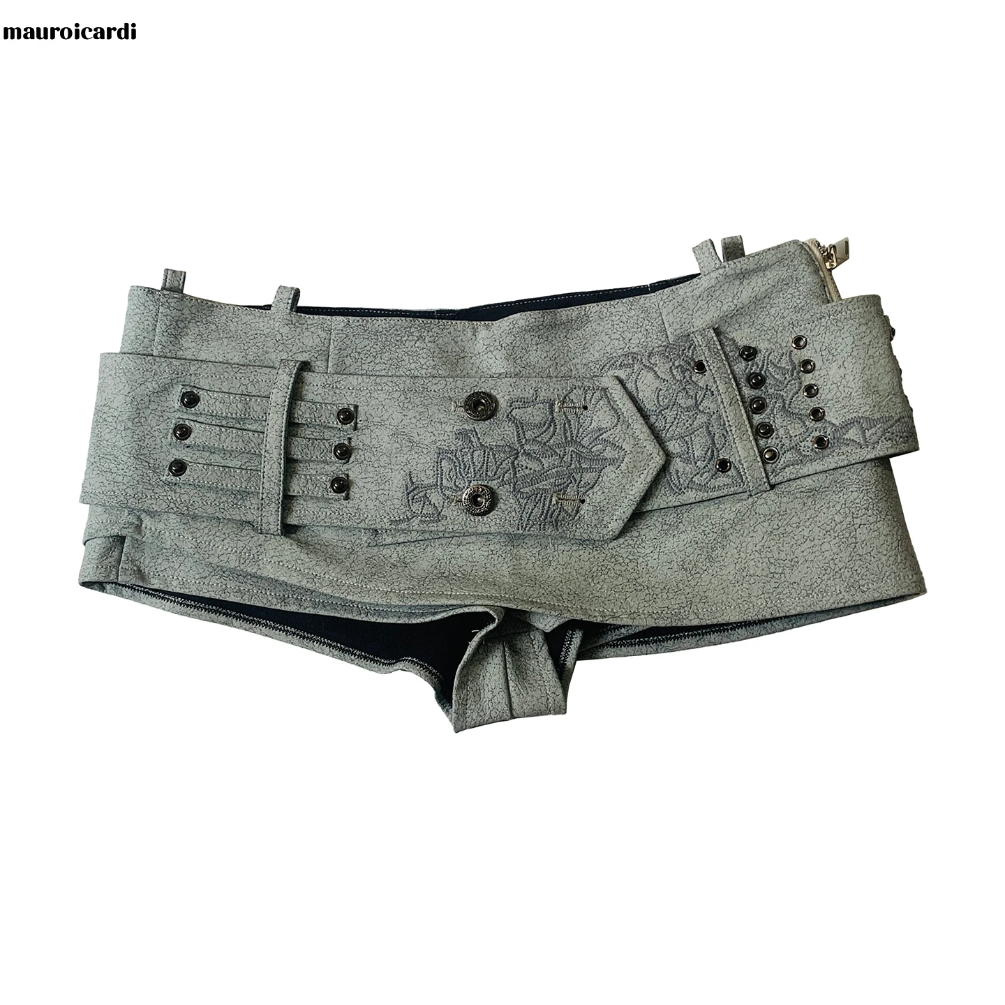 Mauroicardi Summer Sexy Blue Pu Leather Mini Skirts Women with Shorts Studded Embroidered Belt Low Waist Luxury Clothes Buttoms