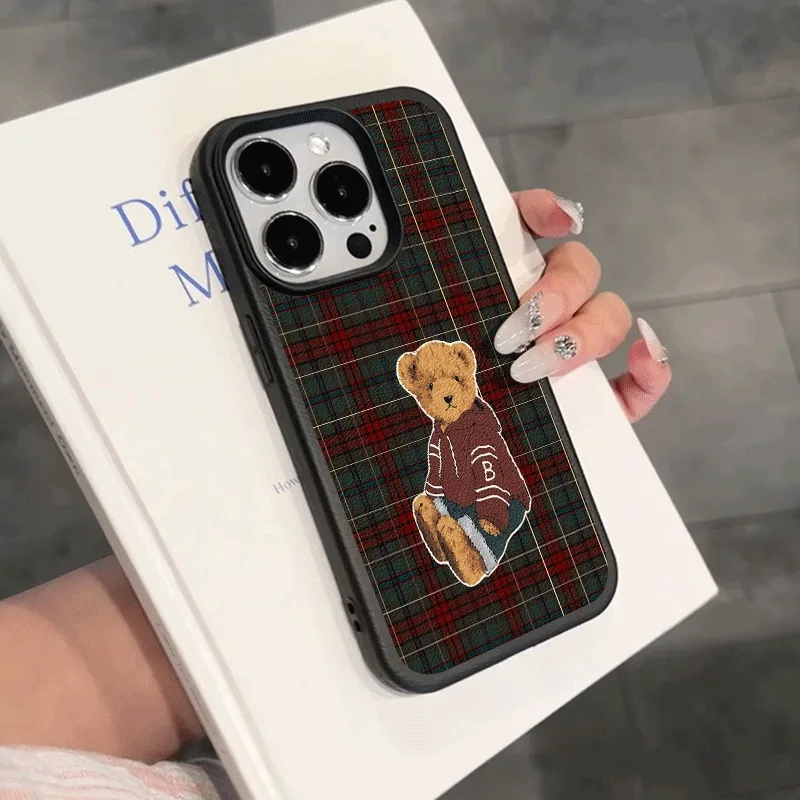 Grid Retro Teddy Bear Pattern Lychee Texture Phone Case For iPhone 17 16 15 14 13 X XS XR 12 11 Pro Max Plus 17 Air  Soft Cover view 6