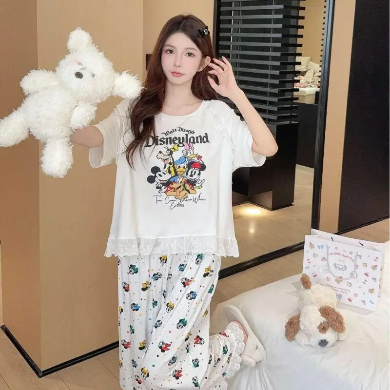 

New Style Women's Spring Autumn Lacelightweight Ribbed Short Sleeve Pants Pajama Set Soft Comfy Home Loungewear Sleepwear