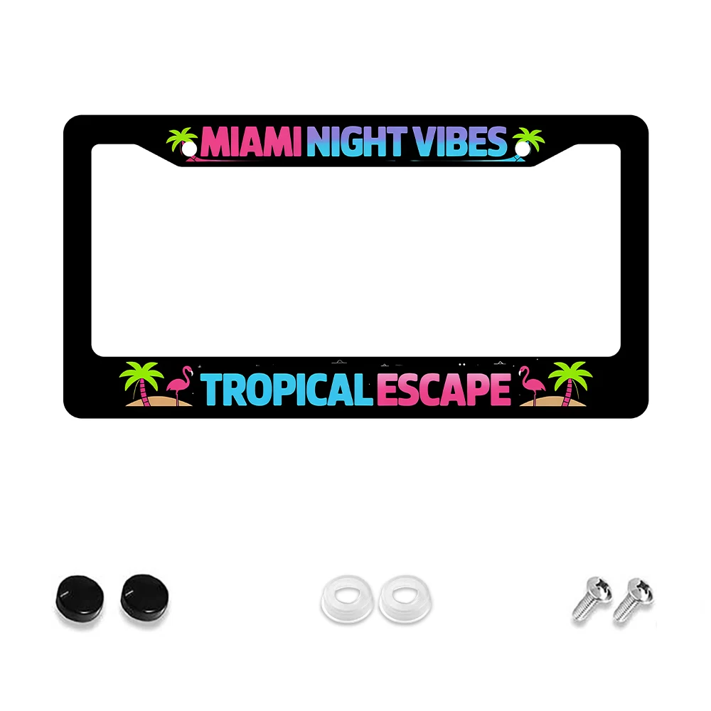 

1pc Black Color Miami Night Vibes Tropical Escape Pattern 2 Hole License Plate Frame Aluminum Material 6x12 Inches with Screw S