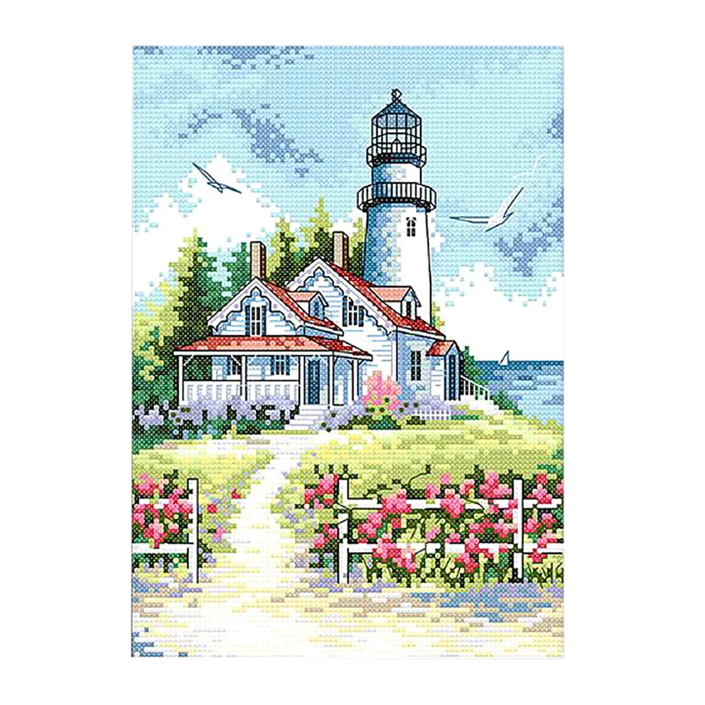 Advanced Lighthouse Cross Stitch Kit with Printed Pattern Stamped Embroidery Cotton Needlepoint Tapestry for Bedroom Wall Decor