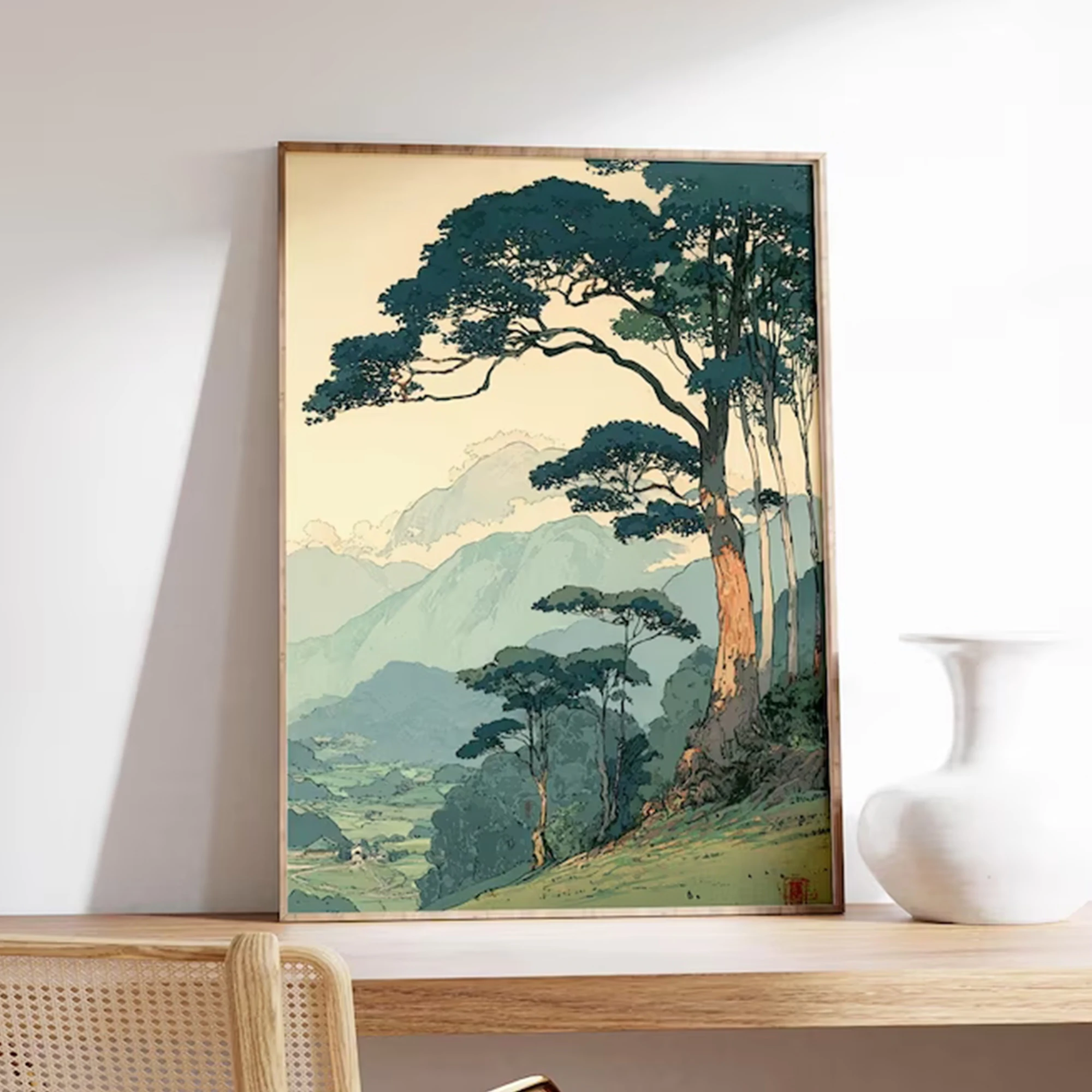 Retro Japanese Forest  Tranquil Mountain Wall Art Print Canvas Painting Poster Picture For Living Room,Bedroom Home Decor