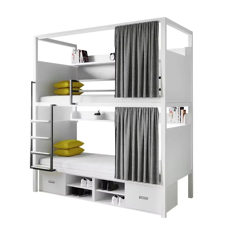 Metal dormitory bunk beds with wooden planks and drawer curtains