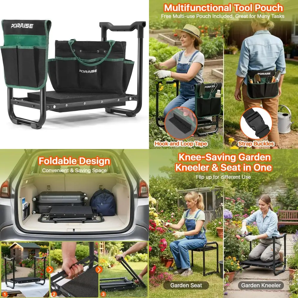 

Heavy-Duty Garden Kneeler Seat with Wider, Thicker Pad and Folding Stool, 2 Pockets for Tools, Suitable for Men and Women