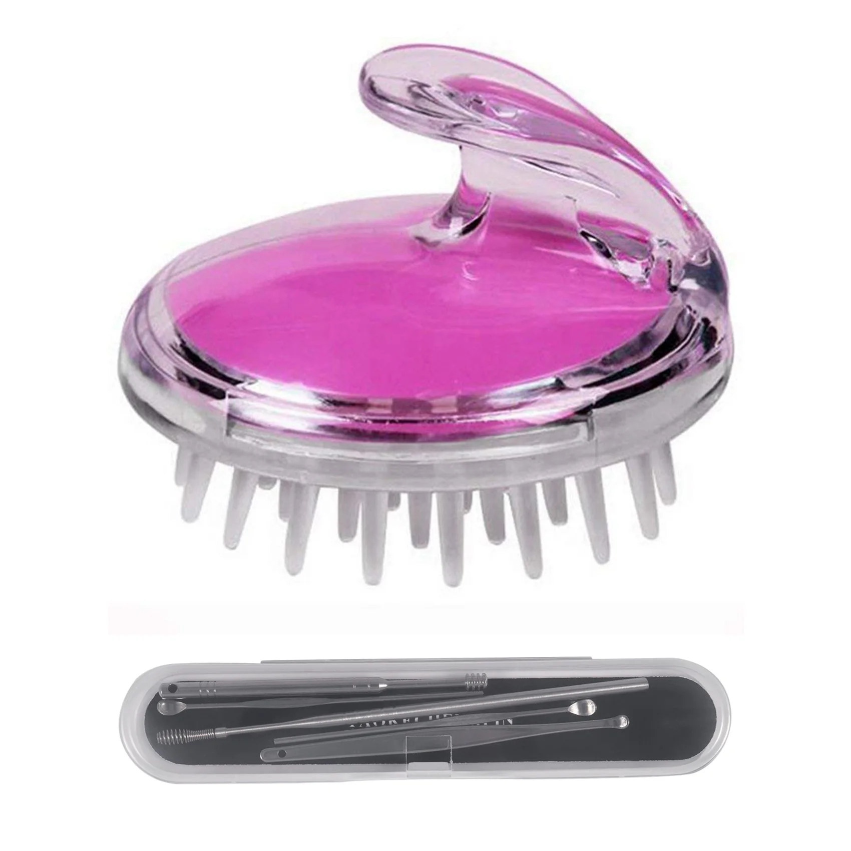 

1Pc Shampoo Scalp Head Shower Massage Scrub Hair Brush Comb & 5 Pcs Unisex Stainless Steel Spiral Ear Pick Spoon
