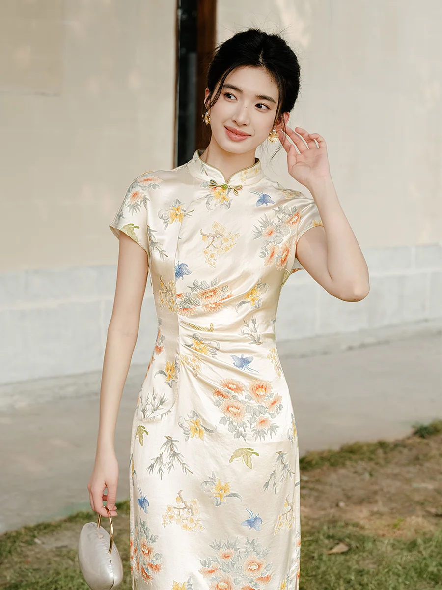 

Elegant Summer New Chinese Style Silk Women's Fitted Wedding Dress Embroidered National Fashion Long Dress
