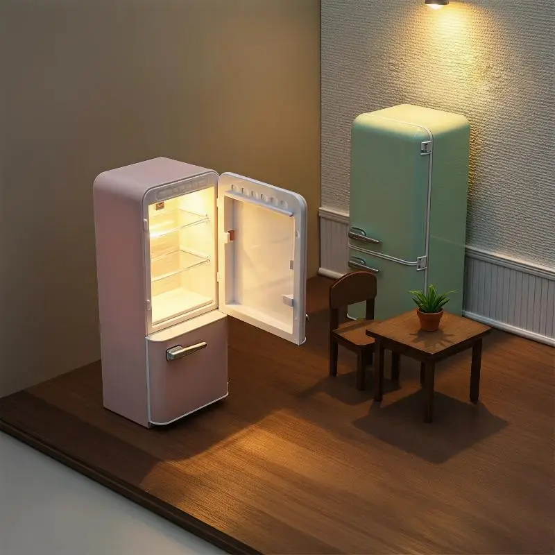 Puppenhaus-Kühlschrank-Spielzeug mit LED-Licht, Maßstab 1/12, Mini-Küchenzubehör für Kinder und Erwachsene, DIY-Puppenhaus-Dekoration, Rollenspiel – Detail 4