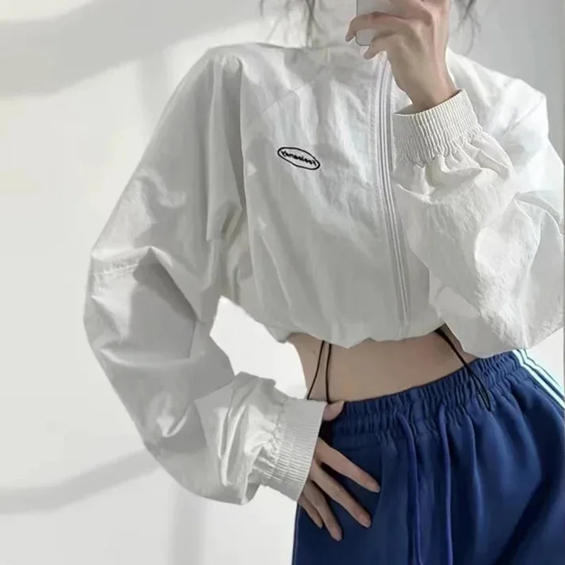 

Vintage Zipper Cropped Jacket Women Korean Drawstring Sport Jazz Long Sleeve Tops Y2K Harajuku Loose All-Match Hip Hop Crop Coat