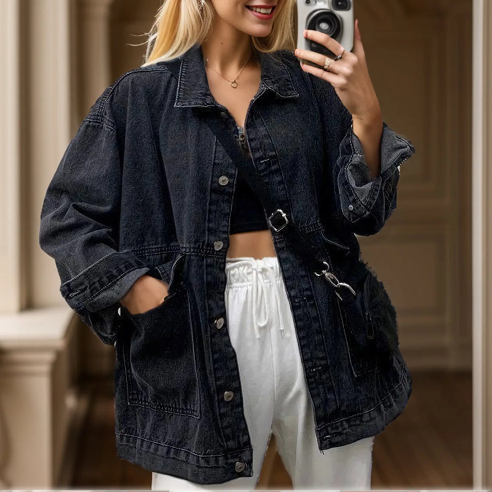 Women Jackets Cool Turn-Down Collar Retro Harajuku Streetwear Coats Denim Baggy Autumn Casual Female Loose Denim Jacket