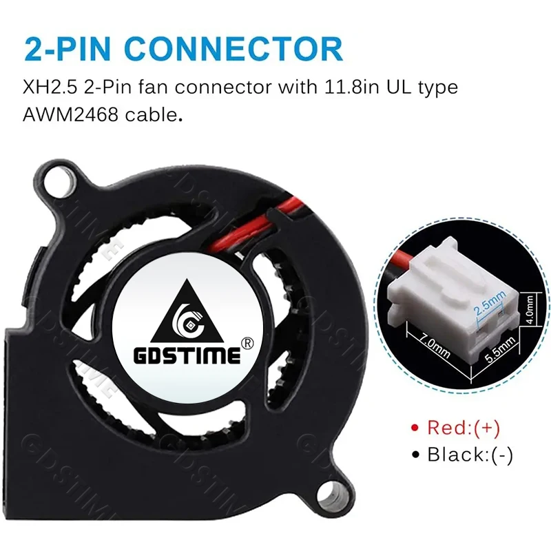 Wentylator Gdstime 5020 24V 12V 5V 50x50x20mm z podwójnym łożyskiem kulkowym, chłodnica 2-pinowa, wentylator radialny, turbowentylator 50mm, wentylator chłodzący do drukarki 3D — zdjęcie produktu 3