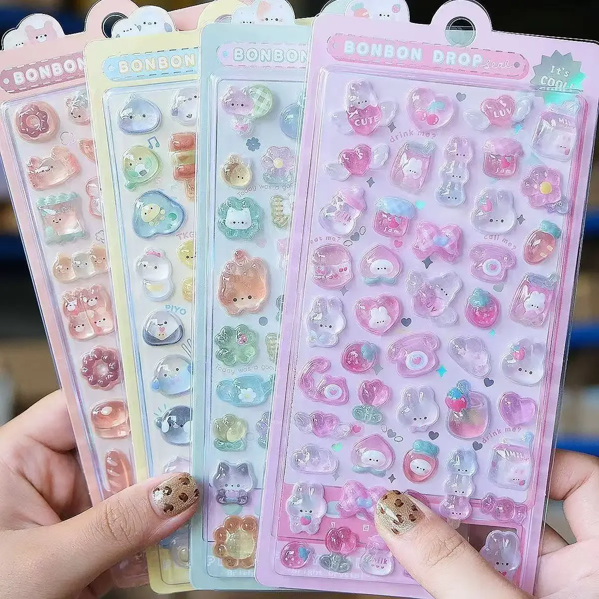 =-=2027Kawaii 3D Jelly Resin Stickers Cute Cartoon Sparkle Transparent Decals for Scrapbooking Phone Case Laptop DIY Decor