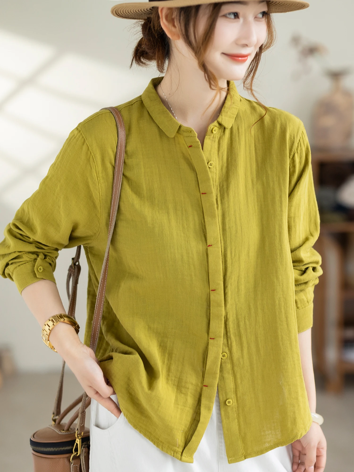 

Рубашка Camiyu из 100% хлопка с круглым вырезом, многослойная, антивозрастная, новая весенняя модель, двухслойная хлопковая рубашка для повседневной носки