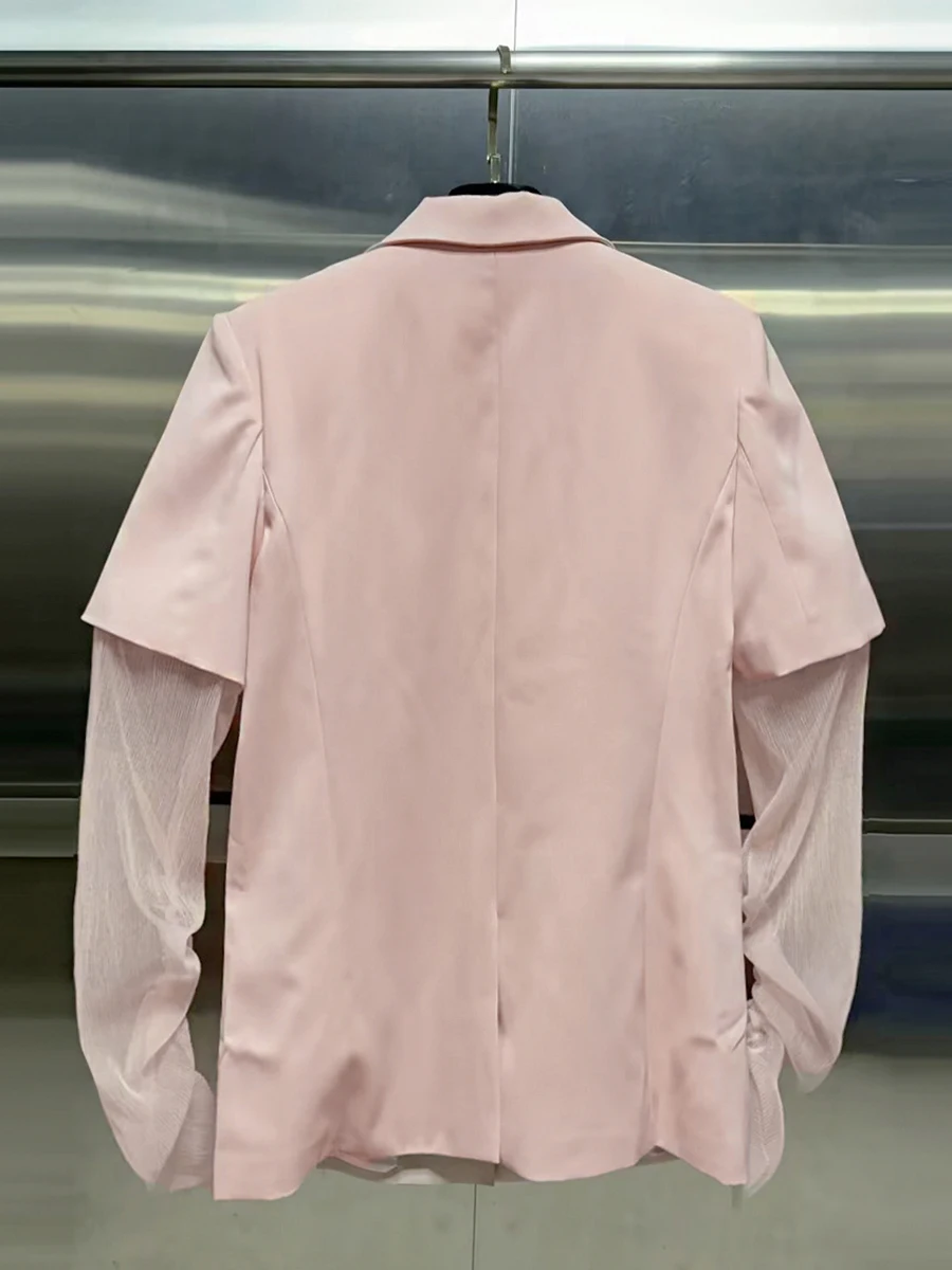 CHICEVER 핑크 스플라이스 메쉬 재킷 여성용 라펠 긴 소매 루즈한 젠틀 인텔렉추얼 여성 재킷 가을 패션 스타일 신상