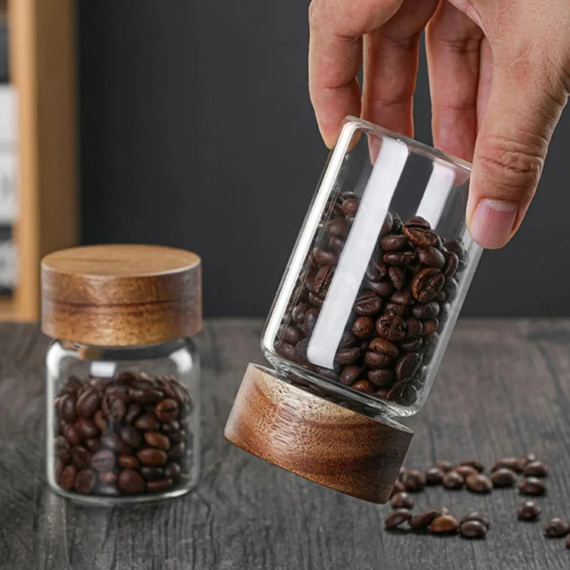 260ml Wood Lid Glass Airtight Canister Kitchen Storage Bottles Jars Food Container Grains Coffee Beans Grains Candy Containers