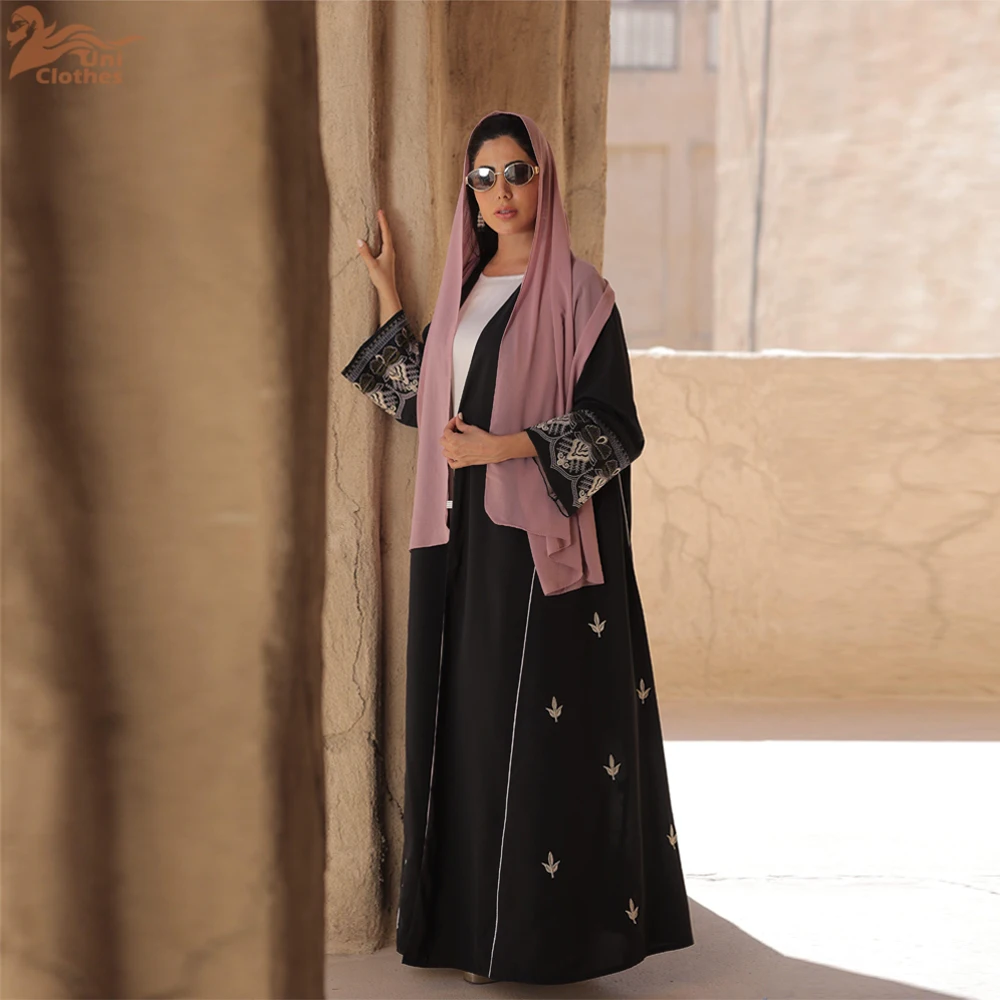 Solid Casual Daily Open Kimono Abaya Galabia Muslim Saudi Women Kaftan Moroccan African Floral Embroidery Robe Clothing