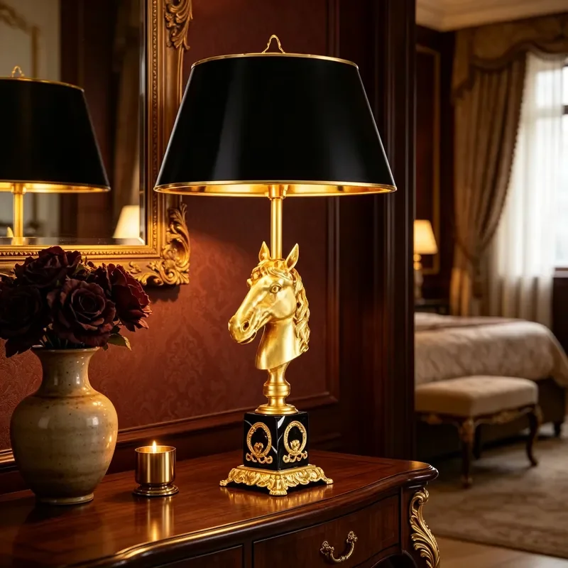 European Brass Horse Head Table Lamp Black Fabric Shade Antique Gold Bedside Desk Lamp for Villa Bedroom Hotel Home