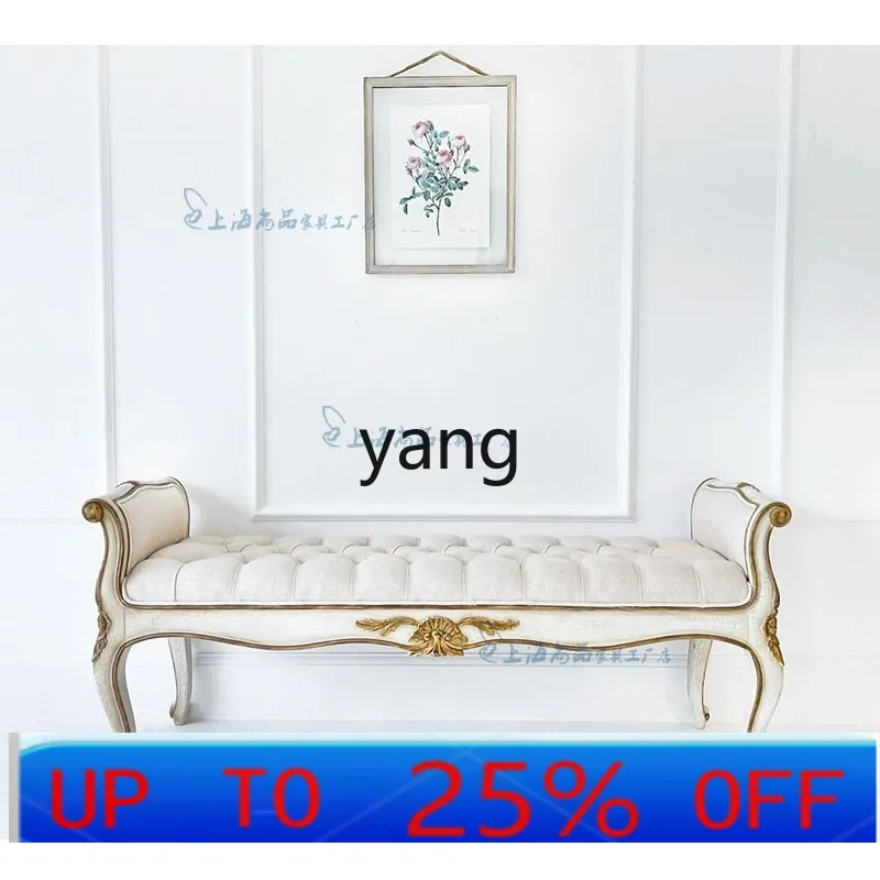 

LTT Oak Solid Wood Bed End Stool Vintage Gold Carving Classical Shoe Changing Fabric Bedside