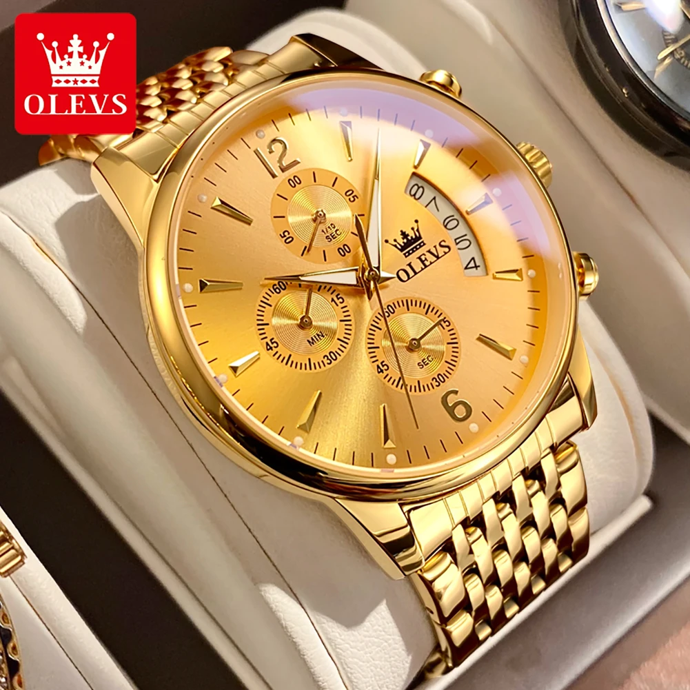 

OLEVS Gold Quartz Mens Watches Top Brand Luxury Stainless Steel Date Watch Waterproof Multifunction Sport Chronograph Wristwatch