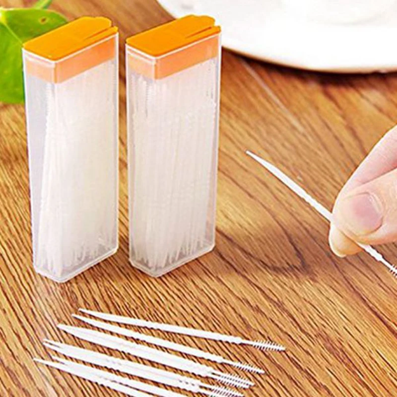 100 Pcs Plastic Toothpicks 2 Way Tooth Picks Interdental Brush Cleaners Portable Box Random Color