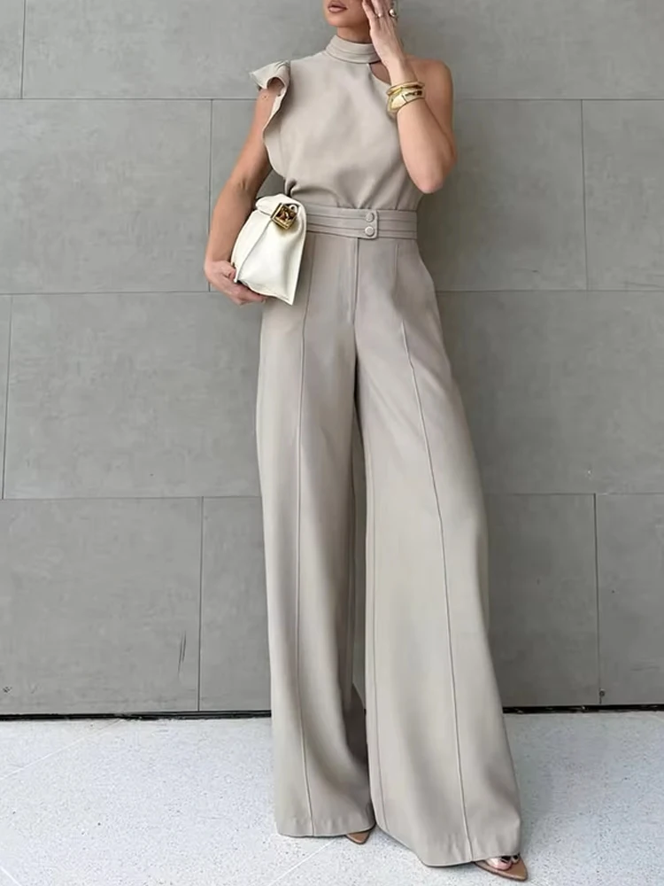 

Commuter Sexy Sleeveless Hollow Sets Causal Halter Top and Straight Pants Outfits Women Elegant Irregular Simple Solid 2Pc Suit