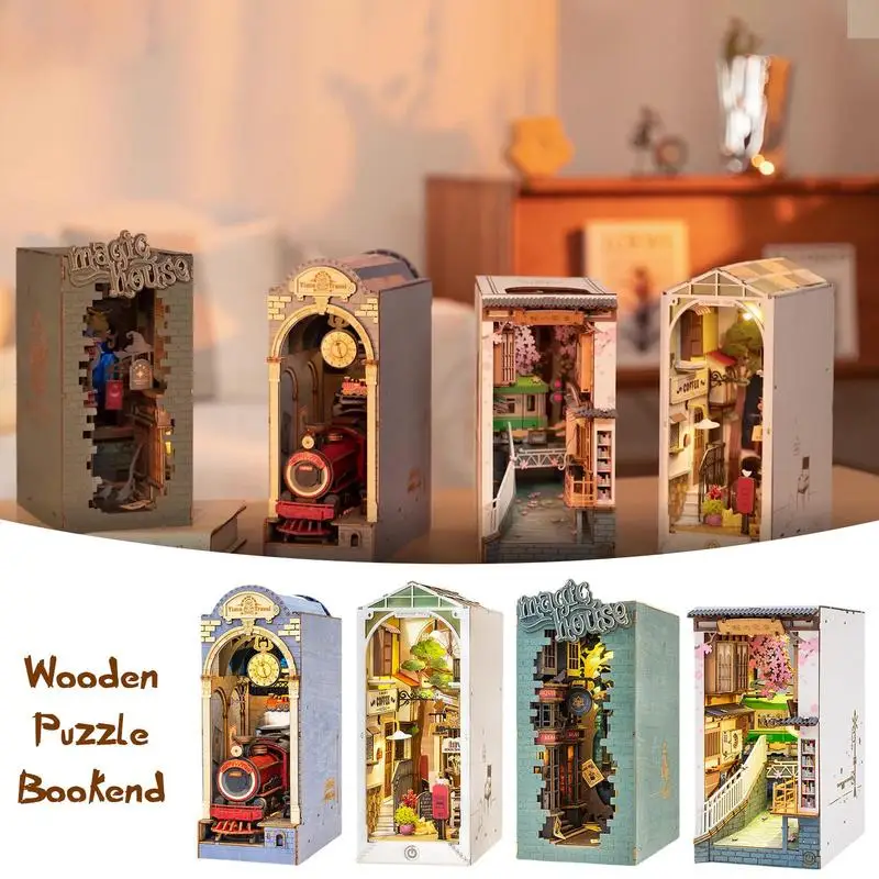 Wooden DIY Bookends 3D Bookend Diorama Miniature Kit Crafts Hobbies Gifts For Adults Teenagers Children