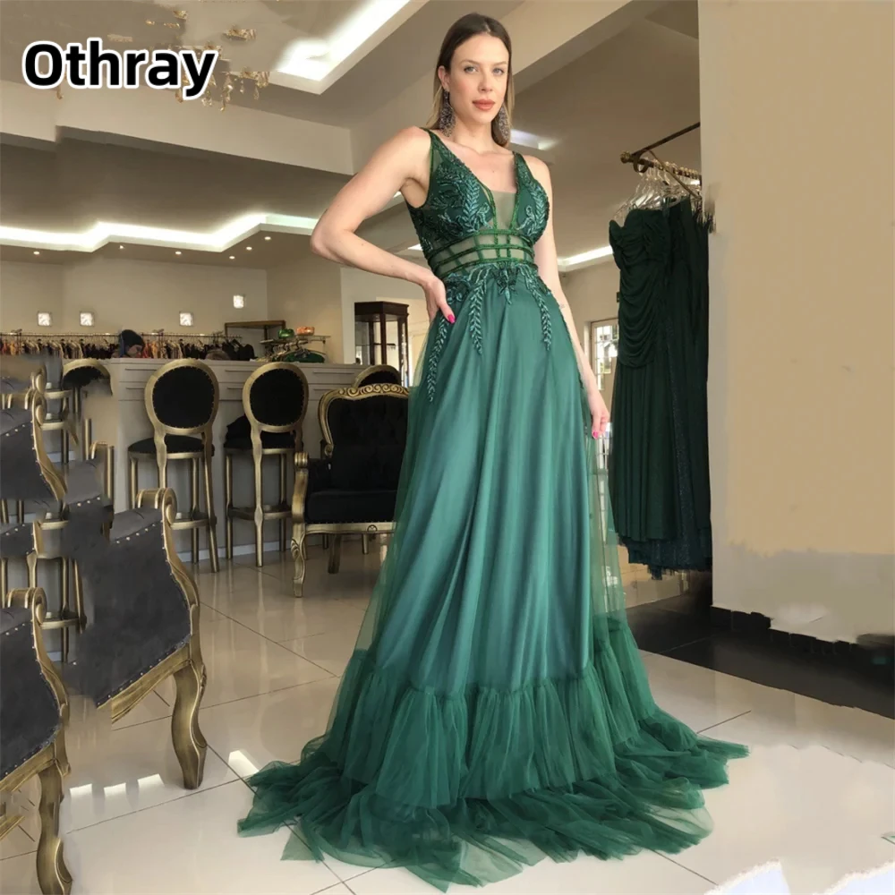 

Othray Sexy V-neck Prom Dress Sweep Tulle Leaf Sequined Appliques Sexy Open Back A-line Vestidos De Noche فساتين سهره فاخ