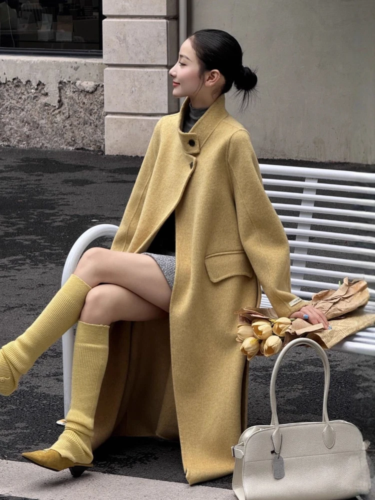 

100% двустороннее шерстяное пальто, новинка 2025 года, корейская модная тонкая куртка на шнуровке, женская осенне-зимняя теплая длинная шерстяная парка высокого качества