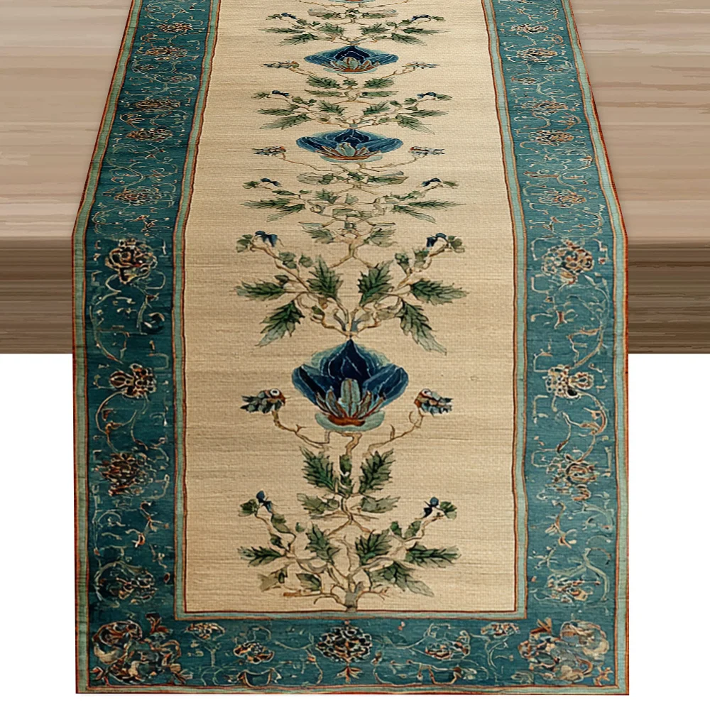 Blue Gray European Vintage Table Runner - Classical Palace Ornamental Border Cover for Living Room Coffee Table Dining Decor