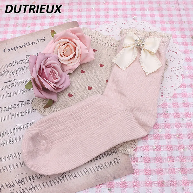 Japanese mini Handmade Sweet Cute Bow Rhinestone Buckle Macaron Pink Socks Women Lolita Gentle Color Lace Edge Socks Female