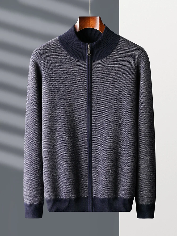 TLOML Men's 100% Cashmere Sweater Zipper Cardigan Mock Neck Thick Smart Casual Style Cashmere Knitwear Autumn Winter Comfy Coat