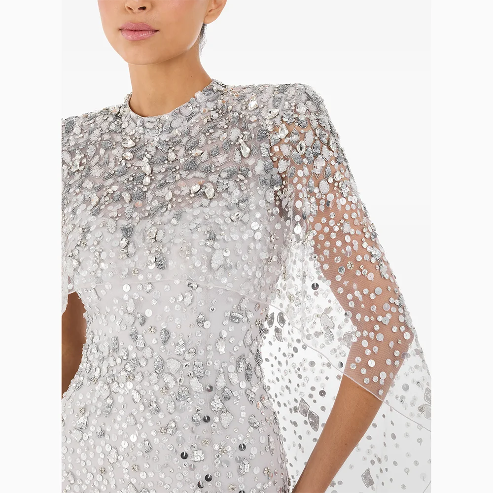 Customized  O-neck Half Slevees Evening Dresses Elegant Formal Occasion Prom Gowns Beading Straight Floor Length Prom Dress image 3