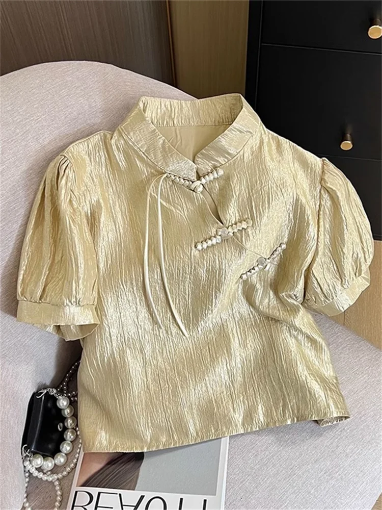 เสื้อสตรีสไตล์จีนใหม่ คอตั้ง ติดกระดุม แขนพอง ดีไซน์ฤดูร้อน