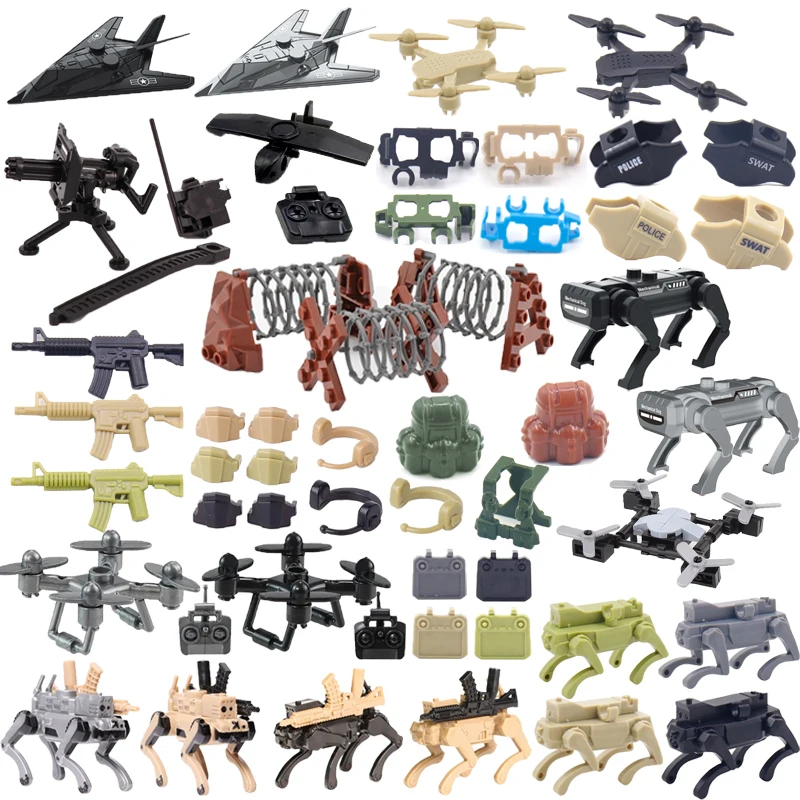 MOC Drone Robot Dog Wolves Building Blocks Aircraft Military Special Forces Helmet Vest Shield GBL Gun Mini Toy Bricks A26