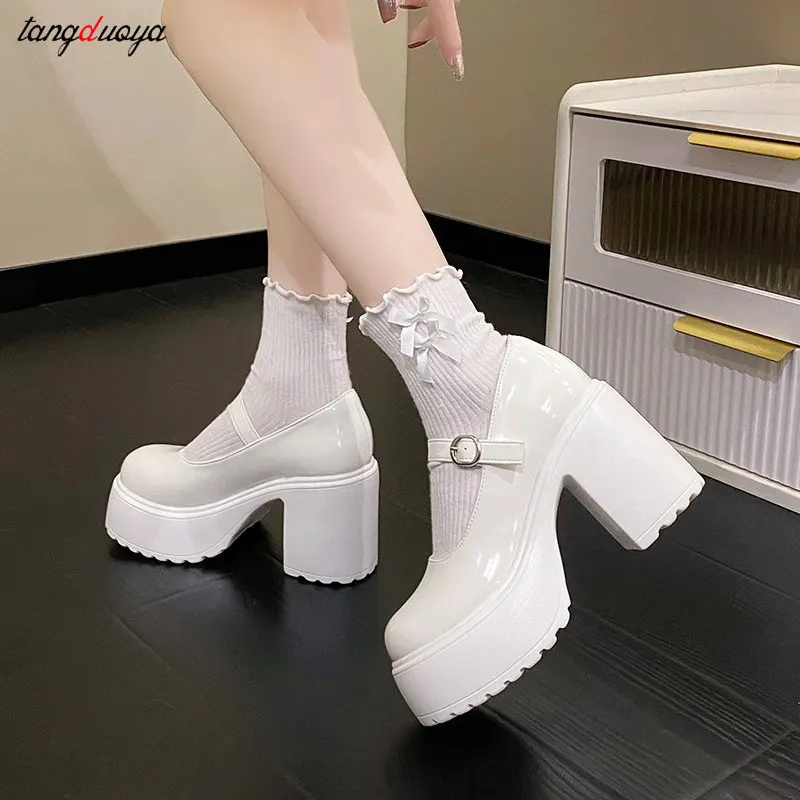 White shoes Heels Lolita shoes platform heels Women Mary Jane Shoes Vintage Girls High Heel Japanese Style College Student Shoes