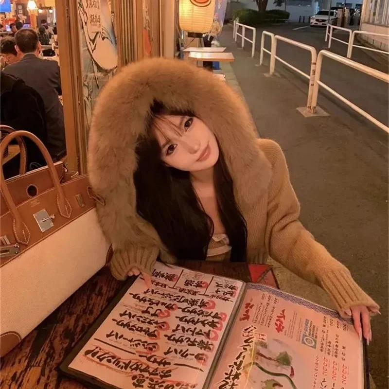 Fashion Fur Hooded Knitted Sweater Women New Autumn Winter Chic Full Zip Casual Long Sleeve Cardigan Outwear Warm Knitwear